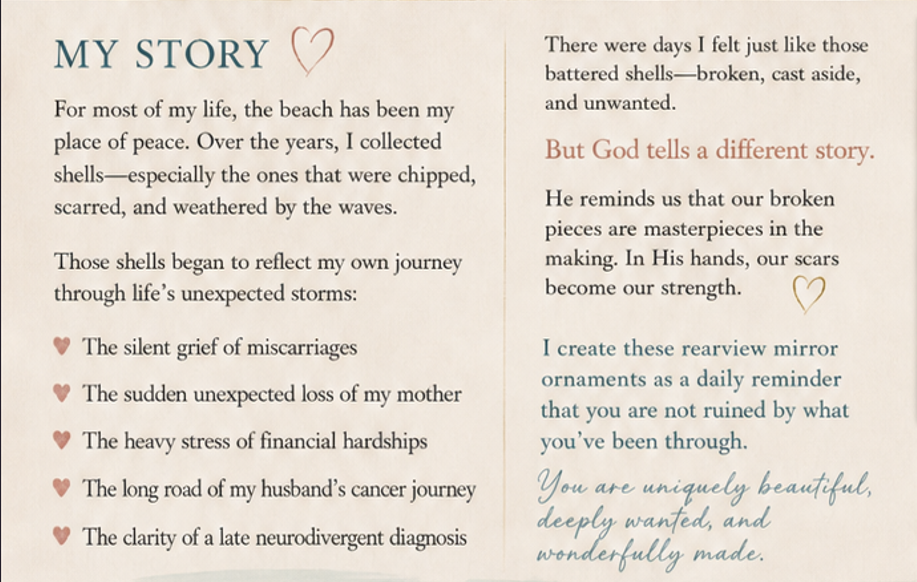 CJ's My Story card — a personal message about broken shells, life's storms, and finding beauty through faith